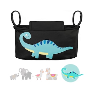 Kinderwagen Organizer - Dinosaurier (schwarz) I 6 Motive zur Auswahl I Kinderwagentasche I Buggy Tasche Feuchttücherfach I Baby Stroller Bag