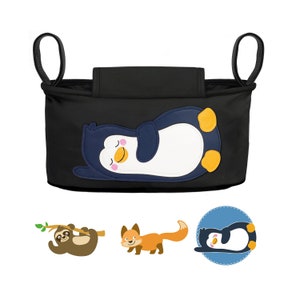 Kinderwagen Organizer - Pinguin (schwarz) I 6 Motive zur Auswahl I Kinderwagentasche I Buggy Tasche mit Feuchttücherfach I Baby Stroller Bag
