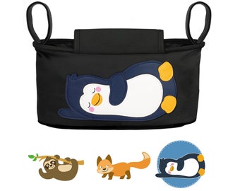 Kinderwagen Organizer - Pinguin (schwarz) I 6 Motive zur Auswahl I Kinderwagentasche I Buggy Tasche mit Feuchttücherfach I Baby Stroller Bag