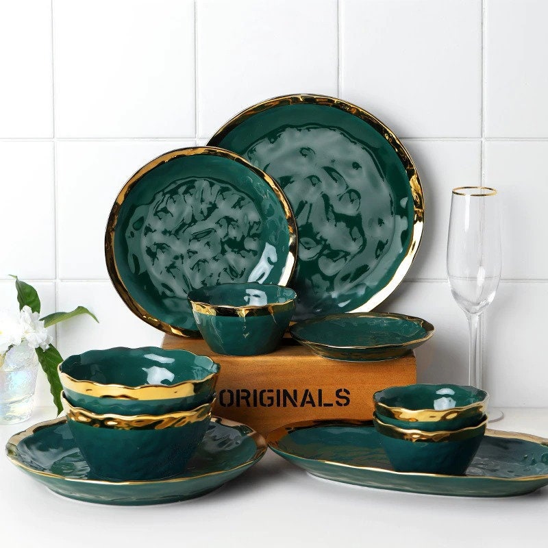 Beautiful Dark Green And Gold Ceramic Dinnerware Dinner Party Etsy
