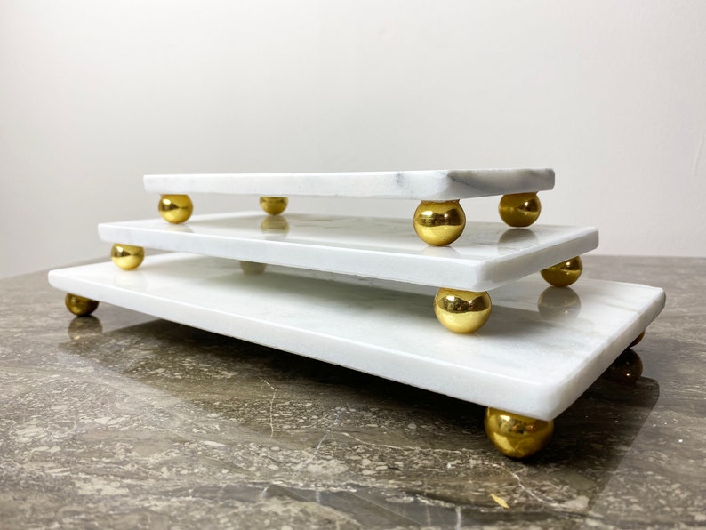 White Marble Stand Set of 3 Pieces Service Tray Stone Riser Etsy