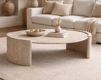 Natural Travertine Round Coffee Table, Modern Minimalist Living Room Furniture