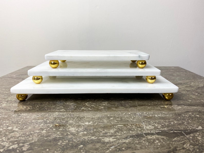 White Marble Stand Set of 3 Pieces Service Tray Stone Riser Etsy