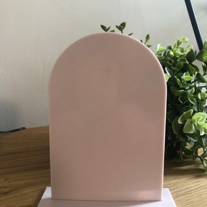 Acrylic Arch Table Sign Plaque Blank With Stand. Available In A Selection Of Matt Pastel Colours. Perfect For Weddings, Celebrations, Salons