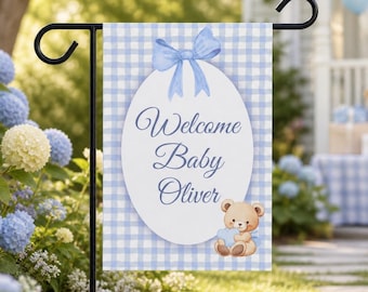 Welcome Baby Boy Personalized Garden Flag | Custom Name Baby Shower Yard Sign | Newborn Outdoor Announcement Decor