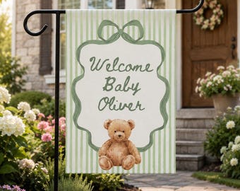 Sage Green Welcome Baby Personalized Flag | Custom Name Gender Neutral Newborn Yard Flag | Baby Shower Gift