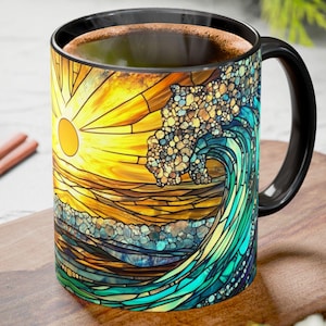 Stained Glass Ocean Mug – Sunset & Wave Print – Coastal Coffee Cup with Colored Inside – Sea Lover Gift – Surfer Ceramic Mug