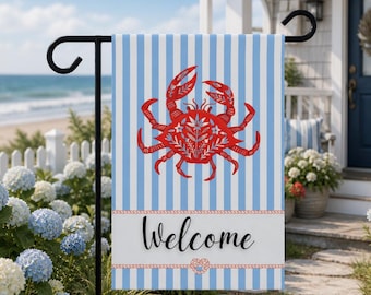 Crab Welcome Garden Flag | Folk Art Red Crab Blue Stripe Nautical Yard Flag | Beach House Coastal Porch Decor