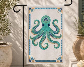 Octopus Garden Flag | Talavera Tile Art Coastal Teal Gold Yard Flag | Mediterranean Beach House Porch Decor