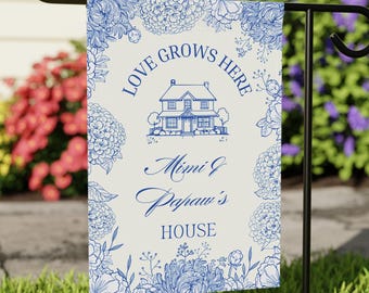 Personalized Mimi & Papa Garden Flag, Love Grows Here Flag, Custom Grandparents Gift, Blue Floral Yard Decor