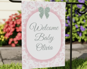 Coquette Baby Girl Personalized Flag | Custom Name Lace Bow Pink Newborn Yard Flag | Baby Shower Gift