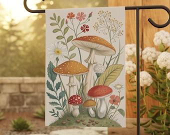 Mushroom Garden Flag 12x18 | Cottagecore Botanical Yard Flag | Vintage Whimsical Outdoor Porch Decor