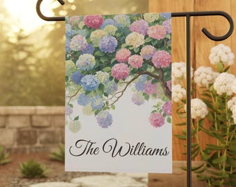 Custom Text Hydrangea Garden Flag 12x18 | Personalized Family Name Yard Flag | Watercolor Floral Porch Decor