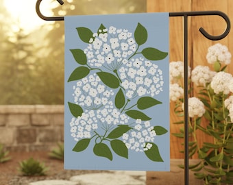 White Hydrangea Garden Flag 12x18 | Floral Spring Summer Yard Flag | Blue Botanical Outdoor Porch Decor