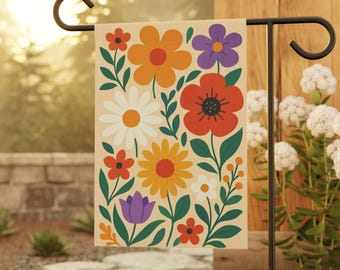 Retro Floral Garden Flag 12x18 | Folk Art Daisy Wildflower Yard Flag | Colorful Spring Summer Porch Decor
