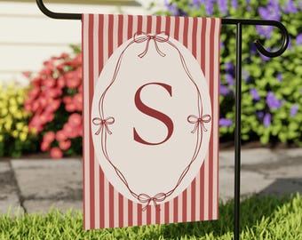 Red Monogram Garden Flag | Custom Initial Vintage Stripe Yard Flag | Personalized Letter Welcome Porch Decor | Classic Red Farmhouse Flag