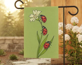 Ladybug Garden Flag 12x18 | Botanical Illustration Daisy Yard Flag | Japanese Style Spring Outdoor Porch Decor
