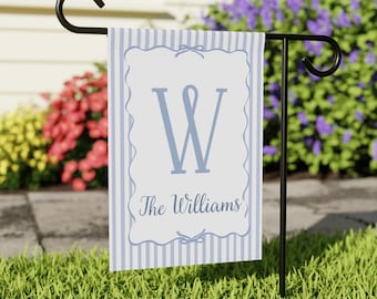 Custom Family Name Flag | Personalized Last Name Garden Flag 12x18 | Blue Stripe Scallop Yard Decor