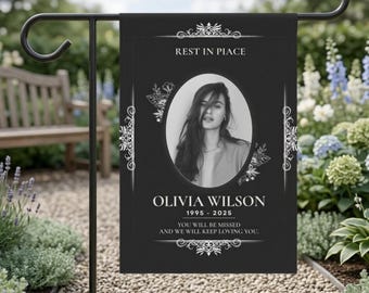 Black Memorial Garden Flag | Custom Photo Rest in Peace Yard Flag | Elegant Sympathy Bereavement Gift