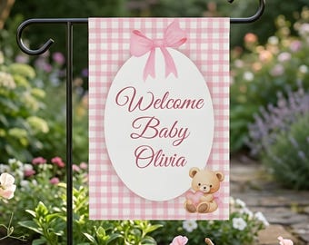 Personalized Baby Girl Garden Flag, Welcome Baby Flag, Custom Name Nursery Decor, Baby Shower Gift, Newborn Girl Outdoor Decor