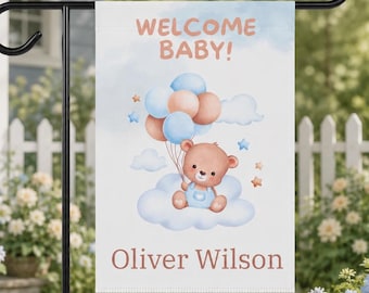 Personalized Welcome Baby Garden Flag | Custom Name Teddy Bear Newborn Yard Flag | Gender Neutral Baby Shower Gift