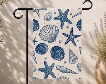 Coastal Seashell Starfish Garden Flag | Navy Blue Nautical Ocean Pattern Yard Flag | Beach House Summer Decor