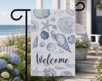 Seashell Welcome Garden Flag | Coastal Nautical Blue Engraving Yard Flag | Beach House Porch Decor Housewarming Gift