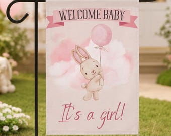 Welcome Baby Girl Garden Flag | It's a Girl Pink Bunny Balloon Yard Flag | Newborn Birth Announcement Decor
