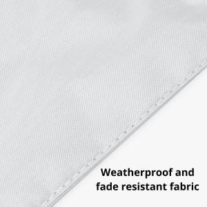 May include: A close-up of white fabric with a visible woven texture and a straight stitched seam along the edge. The text "Weatherproof and fade resistant fabric" is printed in black on the lower right side of the white material surface.