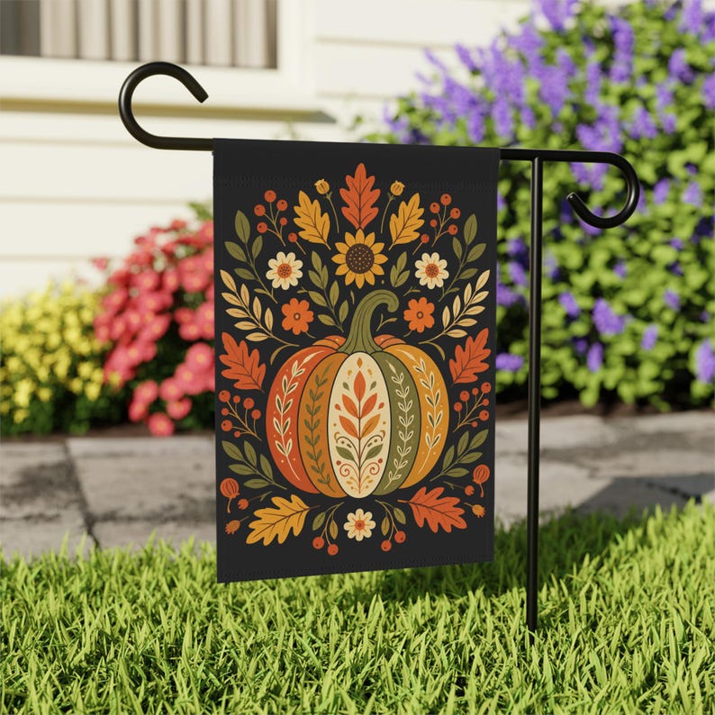 Fall Garden Flag, Folk Art Pumpkin Flag, Autumn Harvest Decor, Farmhouse Outdoor Decor, Thanksgiving Yard Flag, Cottagecore Garden Flag image 6