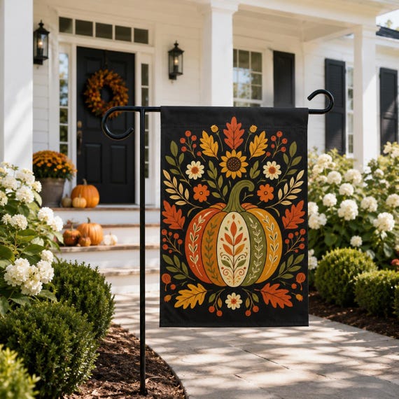 Fall Garden Flag, Folk Art Pumpkin Flag, Autumn Harvest Decor, Farmhouse Outdoor Decor, Thanksgiving Yard Flag, Cottagecore Garden Flag