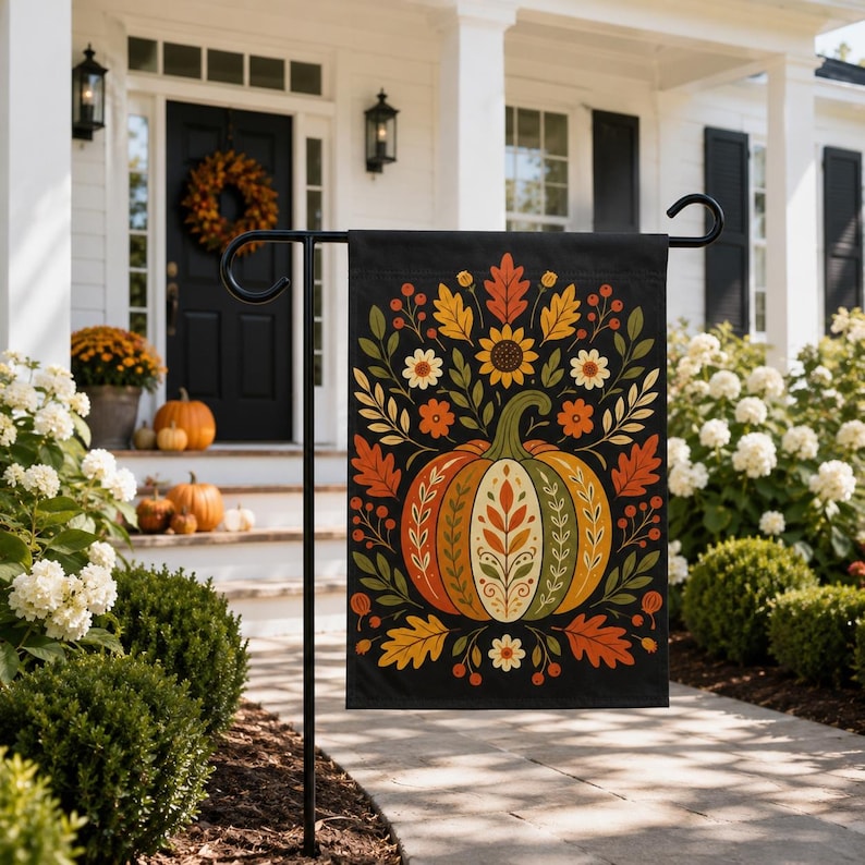 May include: A black garden flag featuring a central orange and green pumpkin illustration surrounded by stylized autumn leaves, berries, and flowers in shades of yellow, orange, and red, displayed on a black metal stand in a front yard.