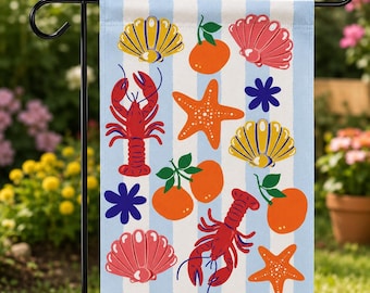 Tuinvlag kreeft | Franse Rivièra kust popart werf vlag | Gedurfd zomerterras decor strandhuis