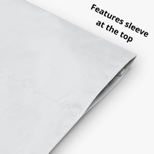 May include: A solid white fabric panel featuring a stitched sleeve at the top edge. The text "Features sleeve at the top" is printed in black on the upper right side of the white material, indicating the functional design of the textile item.