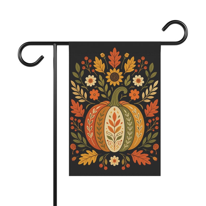 Fall Garden Flag, Folk Art Pumpkin Flag, Autumn Harvest Decor, Farmhouse Outdoor Decor, Thanksgiving Yard Flag, Cottagecore Garden Flag image 3