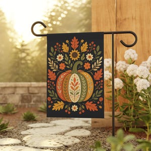 Fall Garden Flag, Folk Art Pumpkin Flag, Autumn Harvest Decor, Farmhouse Outdoor Decor, Thanksgiving Yard Flag, Cottagecore Garden Flag image 5