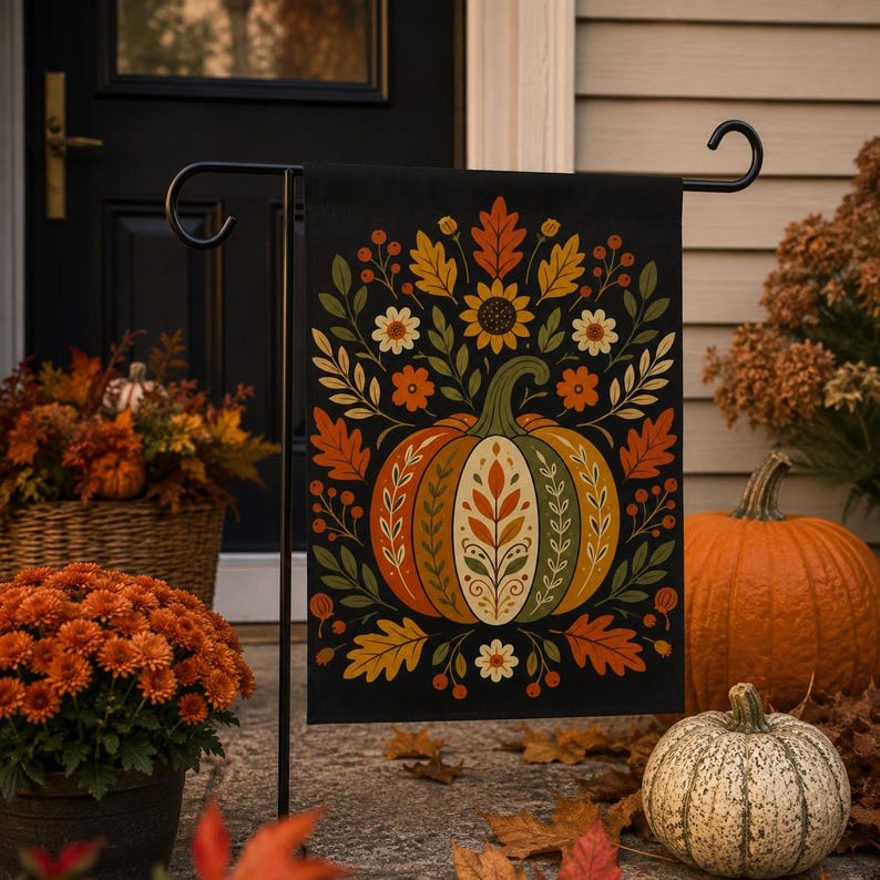 May include: A rectangular garden flag featuring a black background with a central pumpkin illustration decorated with intricate leaf and floral patterns in shades of orange, yellow, green, and cream, surrounded by autumn foliage and berries.