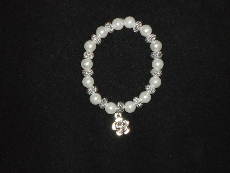 White Pearl Stretch Bracelet with Rose Charm