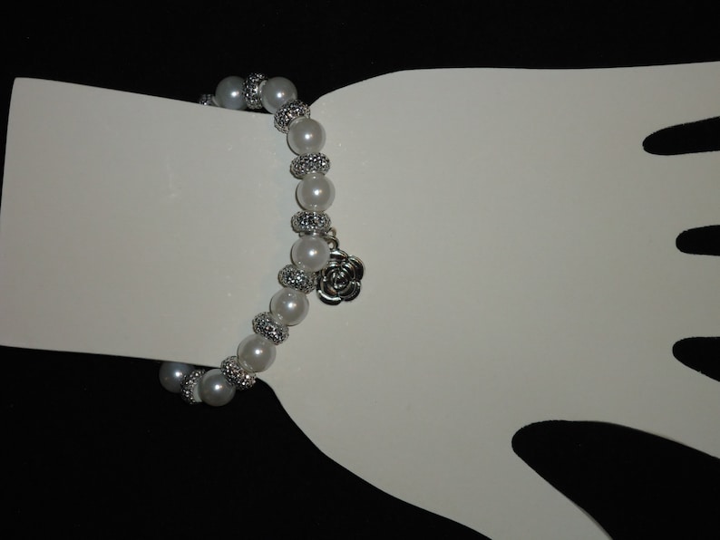 White Pearl Stretch Bracelet with Rose Charm