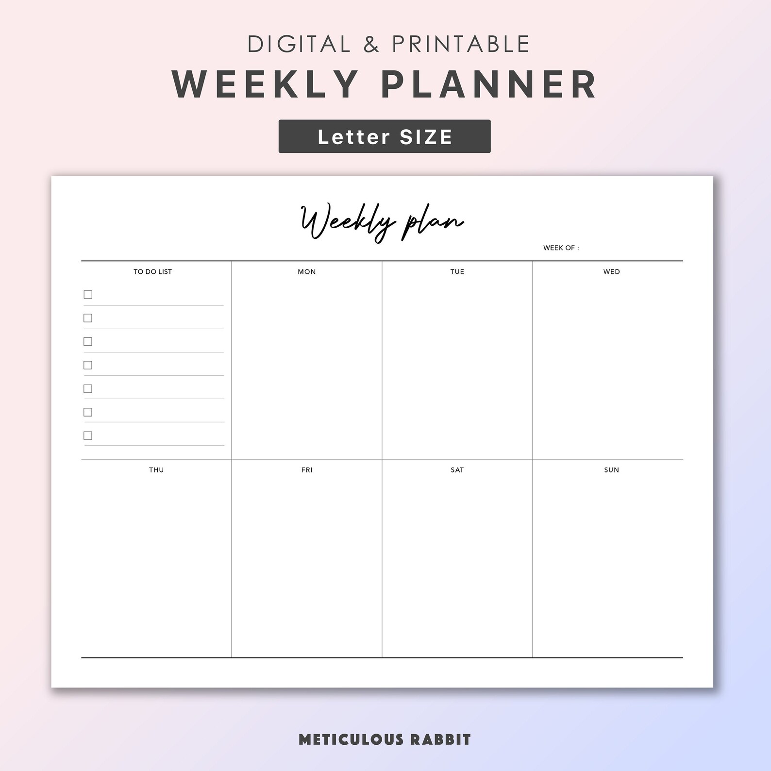 Weekly Planner Letter size Printable Digital Weekly Planner Etsy