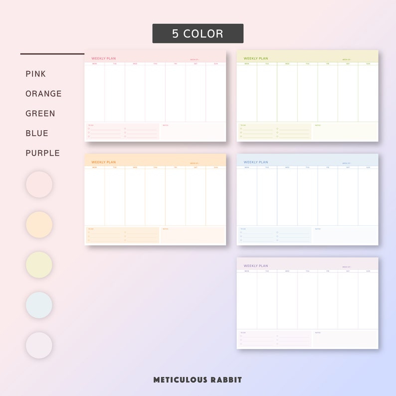 5 Color Weekly Planner Printable Half Letter Size Weekly Etsy