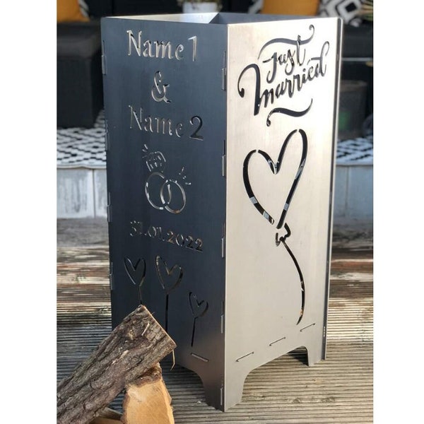 Personalisierte Feuersäule Feuertonne Feuerkorb Feuerstelle Brautpaar Hochzeit Geschenk Just Married Geschenkidee Hochzeitsgeschenk