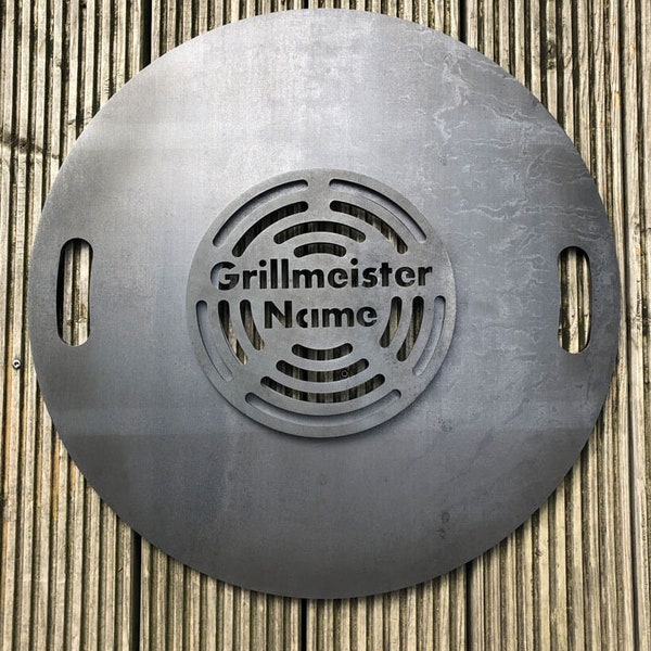 Personalisierte Grillplatte Plancha für Feuertonne Feuersäule Feuerkorb classic mit abnehmbaren Mittelteil mit eigenem Grillmeister Name
