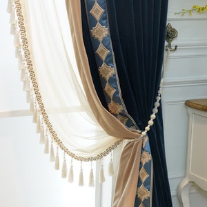 Dark Blue High-end Victorian Velvet Blackout Curtains with Embroidery Stitching Lace for Living Room Dining Room Bedroom Custom Tulle
