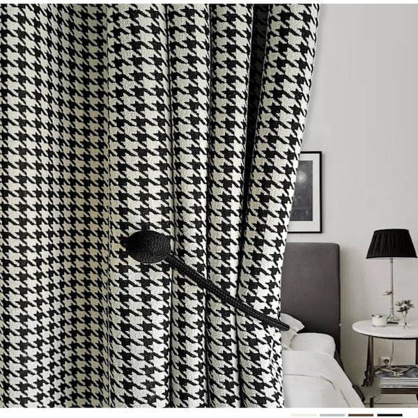 Black White Plaid Houndstooth Bedroom Curtain Chenille Printed Cotton Linen Blackout Curtains For Living Room