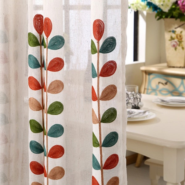 Pastoral Cotton Embroidery Color Leaf Curtain Gauze Curtains for Living Dining Room Bedroom