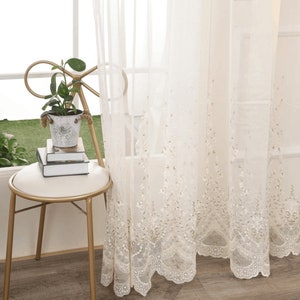 Floral Embroidered White Tulle Curtain Style Panels for Living - Etsy