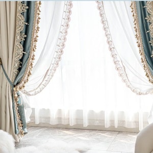 Royal Vintage Style Curtains Luxury Stitching Lace Curtains Imitation Silk Drapes for Living Room Bedroom Curtains