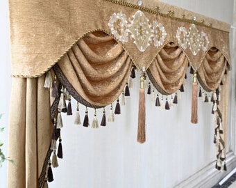 Luxury Style Waterfall Swag Brown Valance Curtain with Tassels for Living Room Bedroom Dining room, Rod Pocket Top