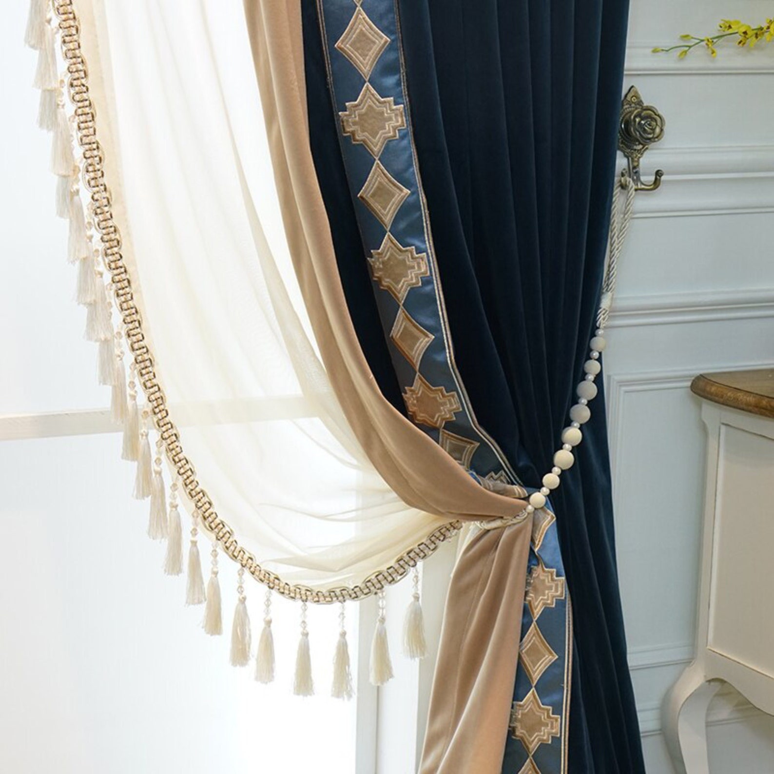 Dark Blue High-end Victorian Velvet Blackout Curtains With Embroidery